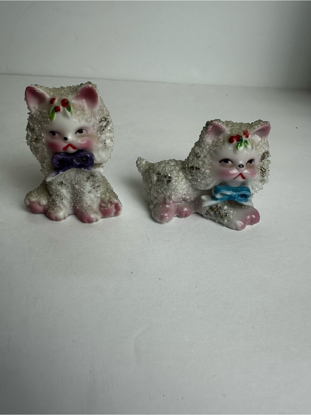 Vintage Sugared Cats Japan Marked Set of 2 Longhair Ceramic With Bows White Pink